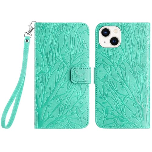 Para iPhone 15 Funda de TelĂ©fono de Cuero con PatrĂłn En Relieve de PĂĄjaros de Ărbol (Verde) - MOVILSTORE