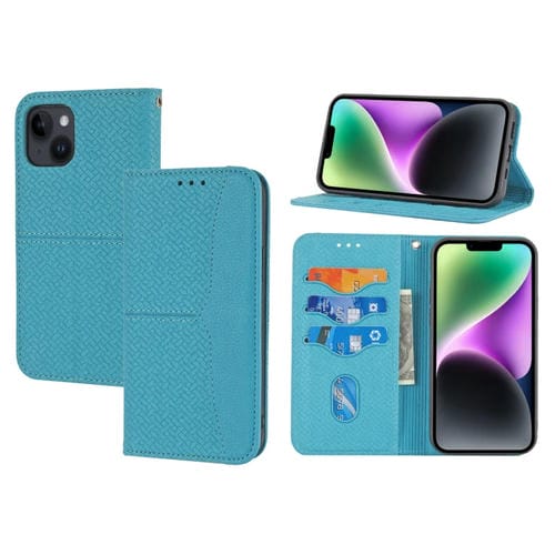 Para iPhone 15 Funda de Teléfono de Cuero Magnético con Costura de Textura Tejida (Azul) - MOVILSTORE