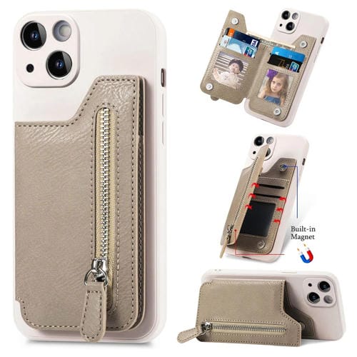 Para iPhone 15 Funda para Teléfono con Cremallera y Parte Trasera de Cuero a Prueba de Golpes (Caqui) - MOVILSTORE