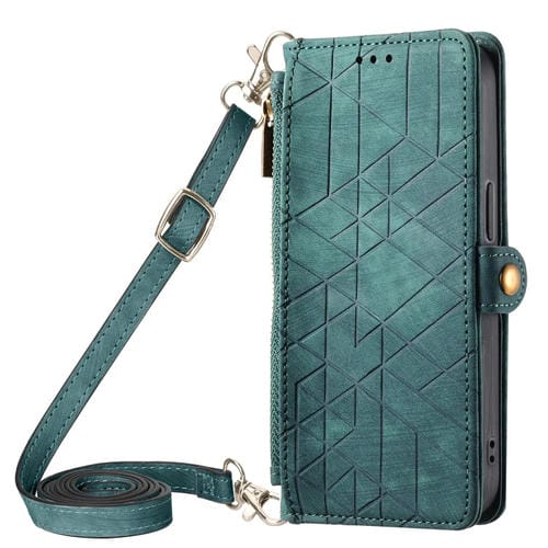 Para iPhone 15 Funda para Teléfono de Cuero con Hebilla Lateral y Billetera con Cremallera Geométrica y Cordón Cruzado (Verde) - MOVILSTORE