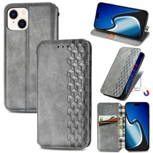 Para iPhone 15 Funda para TelĂ©fono de Cuero MagnĂ©tico Prensado con Rejilla CĂșbica (Gris) - MOVILSTORE