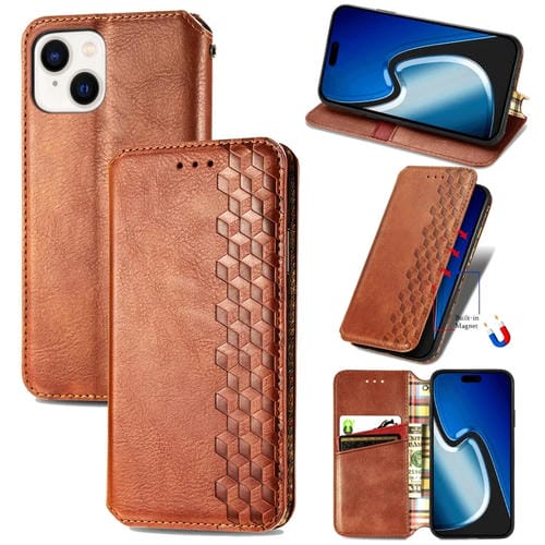 Para iPhone 15 Funda para TelĂ©fono de Cuero MagnĂ©tico Prensado con Rejilla CĂșbica (MarrĂłn) - MOVILSTORE