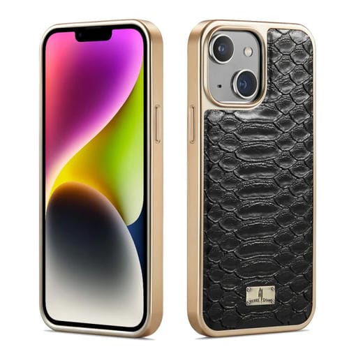 Para iPhone 15 Funda para Teléfono de Pu con Galvanoplastia con Textura Fierre Shann Python (Negro) - MOVILSTORE