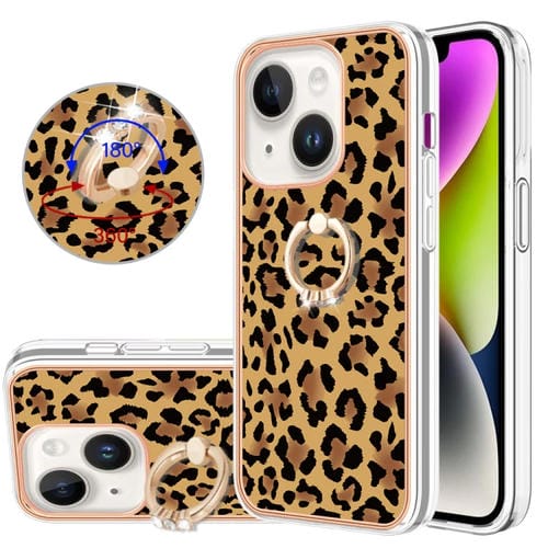 Para iPhone 15 Galvanoplastia Caja de Teléfono Imd de Doble Cara con Soporte para Anillo (Estampado de Leopardo) - MOVILSTORE