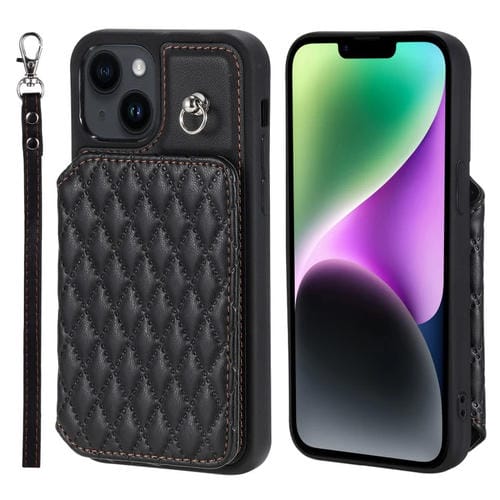 Para iPhone 15 Grid Texture Card Bag Funda para Teléfono con Cordón (Negro) - MOVILSTORE