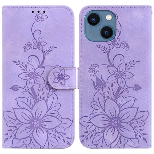 Para iPhone 15 Lily Funda de Cuero En Relieve para TelĂ©fono (PĂșrpura) - MOVILSTORE