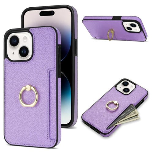 Para iPhone 15 Ring Card Litchi Funda Trasera de Cuero para Teléfono (Púrpura) - MOVILSTORE