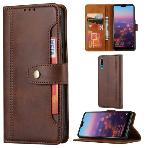 Para Huawei P20 Textura de becerro Cierre de doble pliegue horizontal Funda de cuero con tapa con marco de fotos y soporte y ranuras para tarjetas y billetera (café)