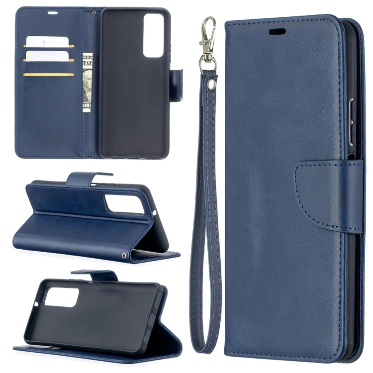 Para Huawei P Smart 2021 / Y7A Retro Cordero Textura Color Puro Flip Horizontal Funda de cuero PU con soporte y tragamonedas de tarjetas y billetera y cordón (azul)