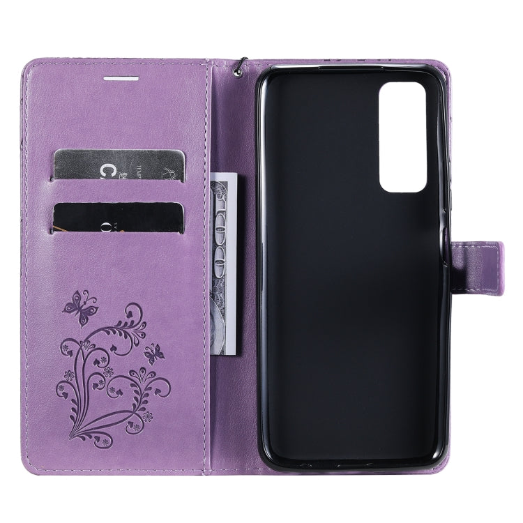 Para Huawei P Smart 2021 3D Butterflies Patrón de estampado de estampado horizontal Flip Funda con soporte y ranura para tarjeta y billetera (púrpura)