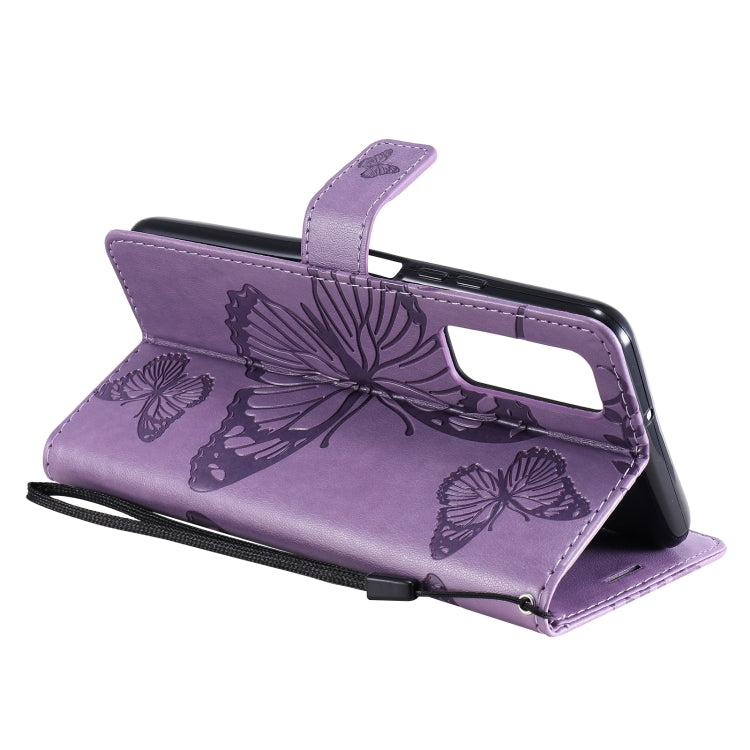 Para Huawei P Smart 2021 3D Butterflies Patrón de estampado de estampado horizontal Flip Funda con soporte y ranura para tarjeta y billetera (púrpura)
