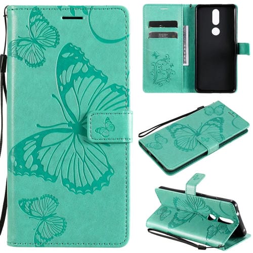 Para Nokia 2.4 3D Mariposas Patrón de relieve Funda de cuero con tapa horizontal con soporte, ranura para tarjeta y billetera (verde)