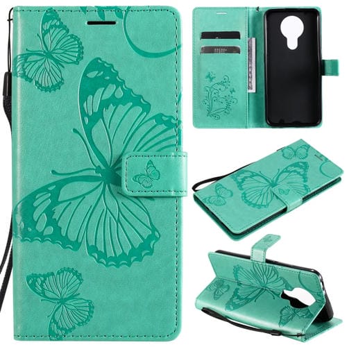 Para Nokia 3.4 3D Mariposas en relieve Patrón Horizontal Flip Funda de cuero con soporte y ranura para tarjeta y billetera (Verde)