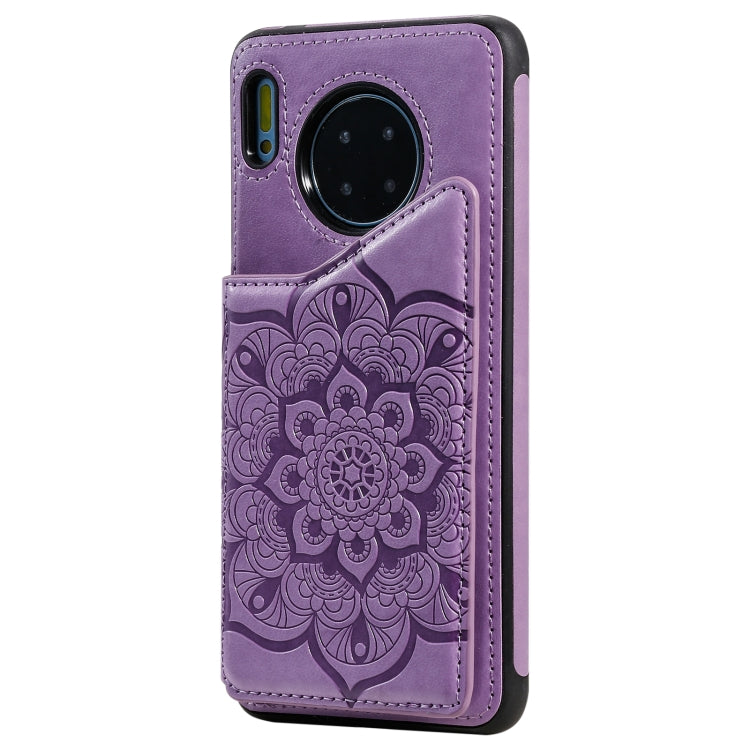 Para Huawei Mate 30 Flor Patrón de estampado en relieve Estuche protector a prueba de golpes con soporte y ranuras para tarjetas y marco de fotos (púrpura)