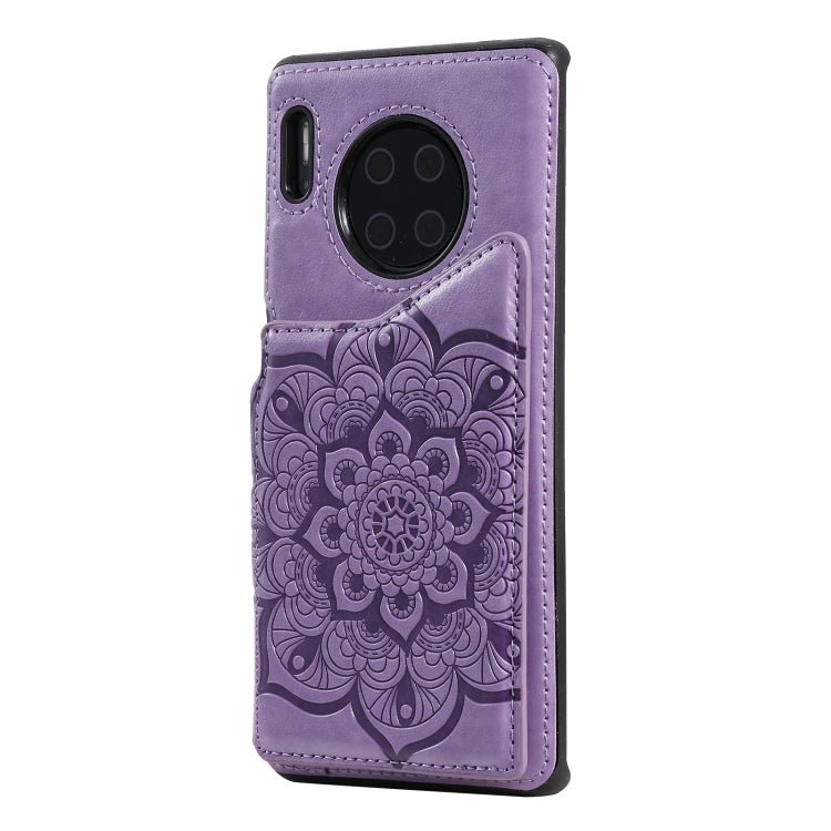 Para Huawei Mate 30 Pro Flor Patrón de estampado de estampado de estampado de impermeables con soporte y ranuras para tarjetas y marco de fotos (púrpura)