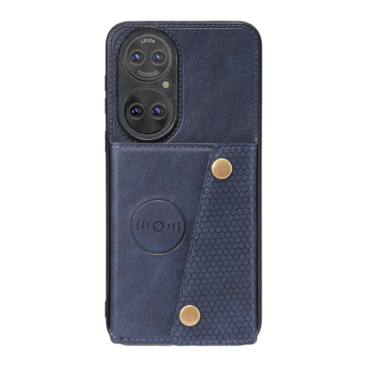 Para Huawei P50 Doble Hebilla PU + TPU Funda protectora magnética a prueba de golpes con ranura para tarjeta y soporte (azul)