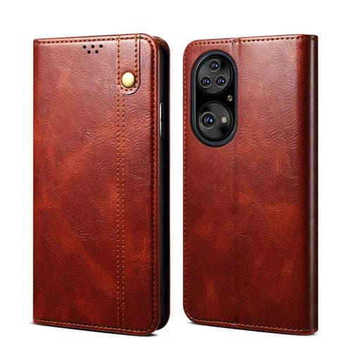 Para Huawei P50 Simple Wax Crazy Horse Texture Horizontal Flip Funda de cuero con ranuras y soporte para tarjetas (marrón)