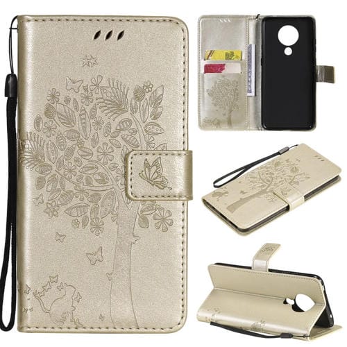 Para Nokia 5.3 Árbol y gato Patrón de impresión prensada Funda de cuero PU de la PU con soporte y ranuras para tarjetas y cordones y cordones (oro)