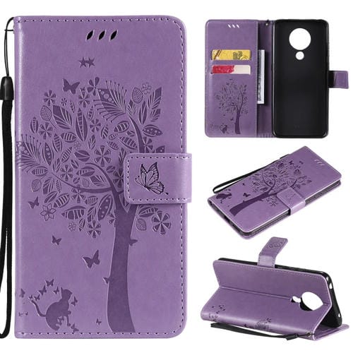 Para Nokia 5.3 Patrón de árbol y gato Impresión prensada Funda de cuero Horizontal Flip PU con soporte y ranuras para tarjetas y billetera y cordón (lavanda)