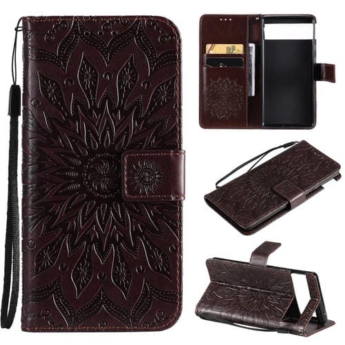 Para Google Pixel 6 Pro Sun Sun Pattern Horizontal Flip Funda de cuero con ranura para tarjeta y soporte y cartera y cordón (Marrón)