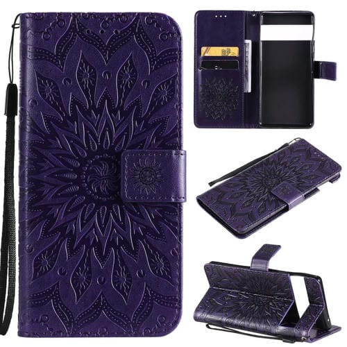 Para Google Pixel 6 Sun Pattern Horizontal Flip Funda de cuero con Tarjeta Slot & Soporte & Wallet & Lanyard (Púrpura)