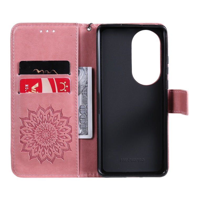 Para Huawei P50 Pro Sun Sun Pattern Horizontal Flip Funda de cuero con ranura para tarjeta y soporte y cartera y cordón (rosa)