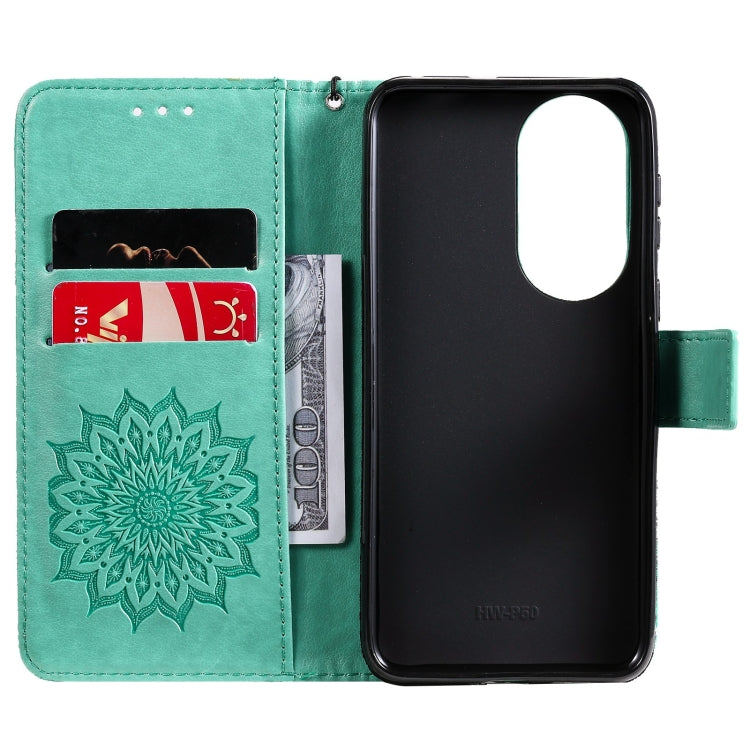 Para Huawei P50 Sun Pattern Horizontal Flip Funda de cuero con ranura para tarjeta y soporte y billetera y cordón (verde)