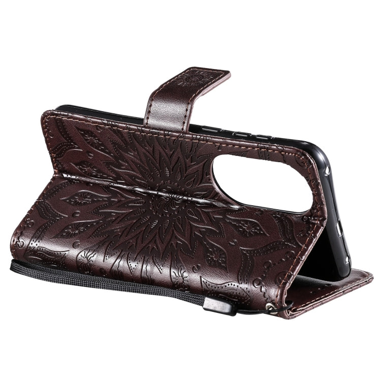 Para Huawei P50 Sun Pattern Horizontal Flip Funda de cuero con ranura para tarjeta y soporte y billetera y cordón (marrón)