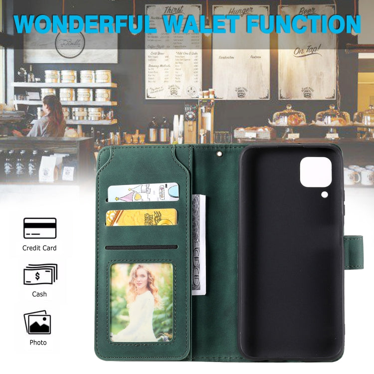 Para Huawei P40 Lite Siente la piel de la piel de la piel Horizontal Flip PU Funda de cuero con soporte y tragamonedas de tarjetas múltiples y billetera y lanyard y marco de fotos (verde)