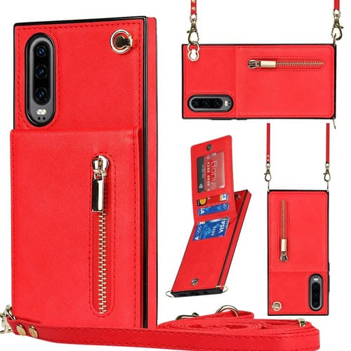 Para Huawei P30 Cross-Body Zipper Square TPU + PU Funda trasera con soporte y ranuras para tarjetas y correa (rojo)