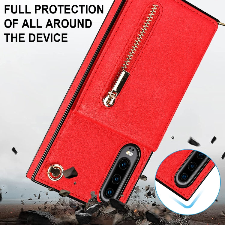 Para Huawei P30 Cross-Body Zipper Square TPU + PU Funda trasera con soporte y ranuras para tarjetas y correa (rojo)