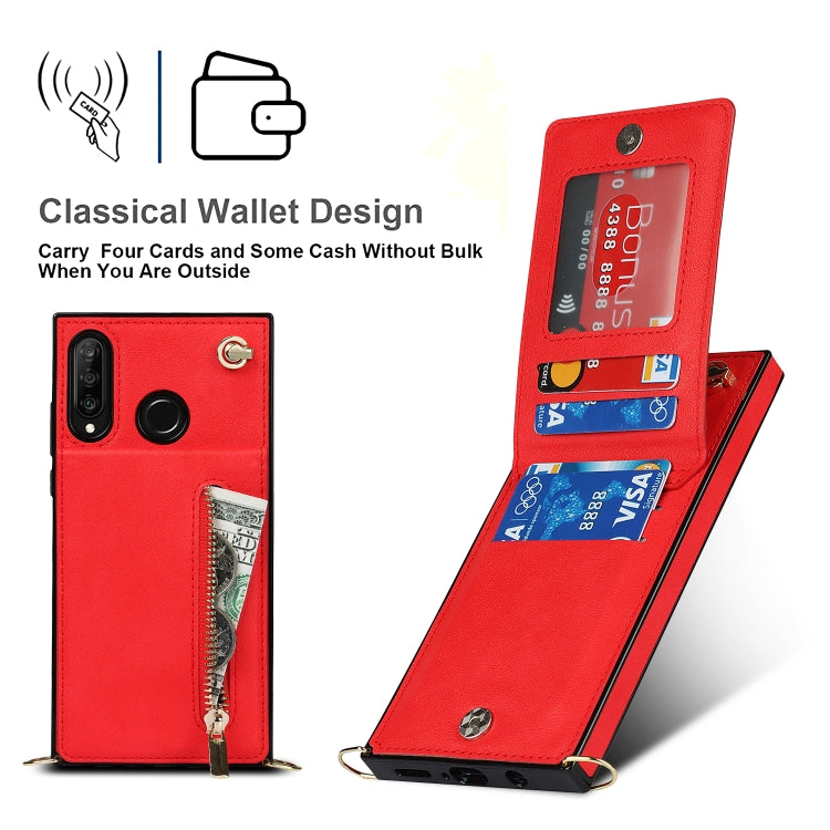 Para Huawei P30 Lite Cruz Cross-Body Square TPU + PU Funda trasera con soporte y ranuras para tarjetas y billetera y correa (rojo)