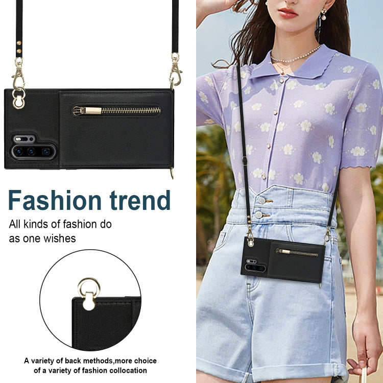 Para Huawei P30 Pro Cross-Body Zipper Square TPU + PU Funda trasera con soporte y tragamonedas y billetera y correa (Negro)