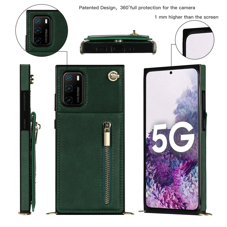 Para Huawei P40 Pro Cross-Body Zipper Square TPU + PU Funda trasera con soporte y ranuras para tarjeta y billetera y correa (verde)
