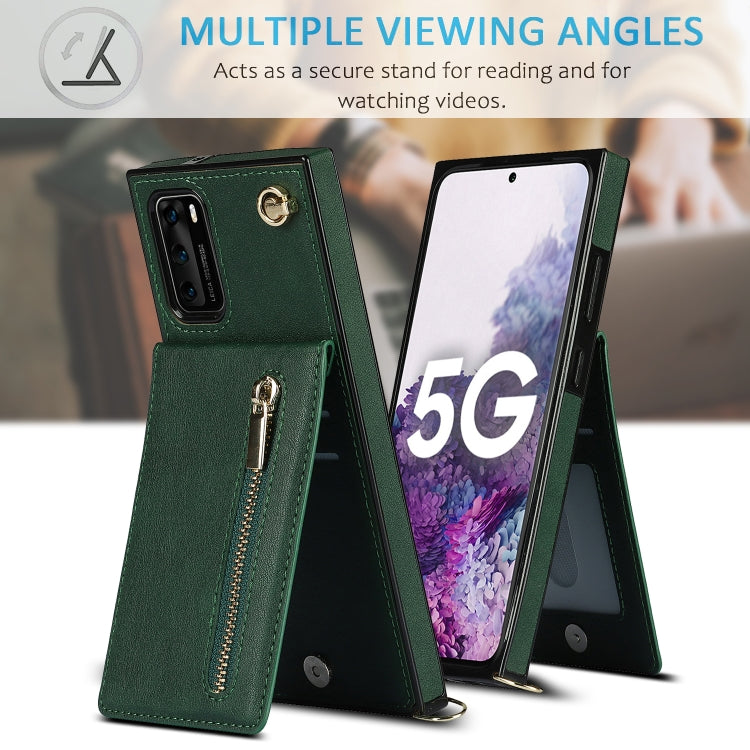 Para Huawei P40 Pro Cross-Body Zipper Square TPU + PU Funda trasera con soporte y ranuras para tarjeta y billetera y correa (verde)