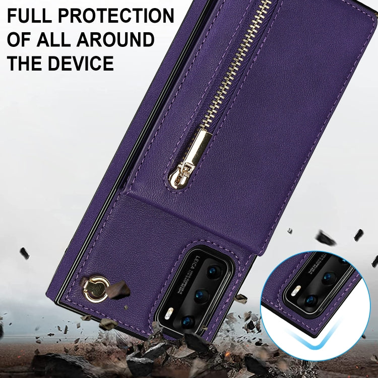 Para Huawei P40 Pro Cross-Body Zipper Square TPU + PU Funda trasera con soporte y tragamonedas y billetera y correa (púrpura)