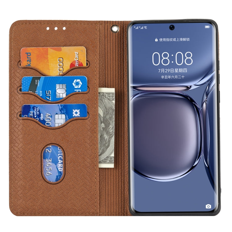 Para Huawei P50 Textura Textura Magnética Caja de cuero Horizontal Flip PU con soporte y ranuras para tarjetas y Filtera (Marrón)