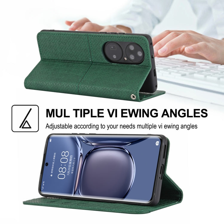 Para Huawei P50 Textura Textura Magnética Horizontal Flip PU Funda de cuero con soporte y ranuras para tarjetas y Correa y cordón (verde)