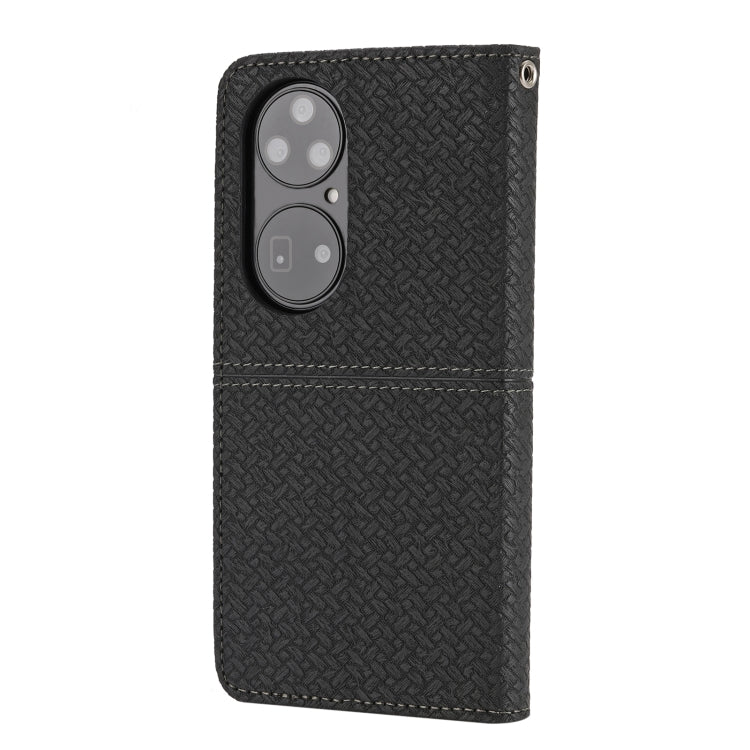 Para Huawei P50 textura tejida costura magnética Horizontal Flip PU Funda de cuero con soporte y ranuras para tarjetas y billetera y cordón (negro)