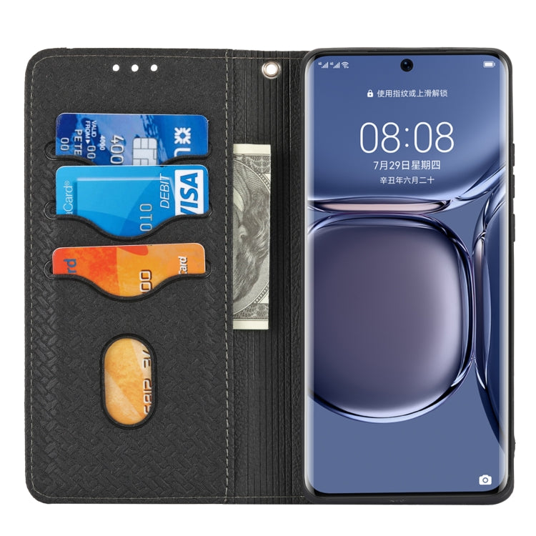 Para Huawei P50 textura tejida costura magnética Horizontal Flip PU Funda de cuero con soporte y ranuras para tarjetas y billetera y cordón (negro)