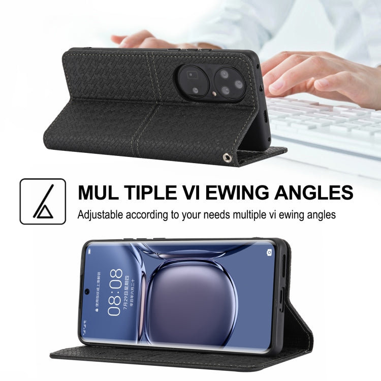 Para Huawei P50 textura tejida costura magnética Horizontal Flip PU Funda de cuero con soporte y ranuras para tarjetas y billetera y cordón (negro)