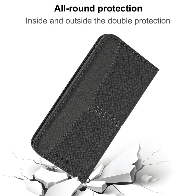 Para Huawei P50 textura tejida costura magnética Horizontal Flip PU Funda de cuero con soporte y ranuras para tarjetas y billetera y cordón (negro)