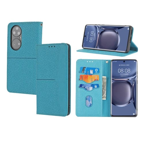 Para Huawei P50 Pro Textura Textura Magnética Horizontal Flip PU Funda de cuero con soporte y tragamonedas de tarjetas y billetera y cordón (azul)