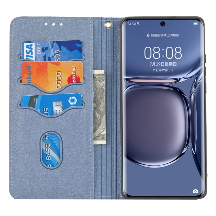 Para Huawei P50 Pro Woven Texturing Costura Magnética Horizontal Flip PU Funda de cuero con soporte y tragamonedas y billetera y cordón (gris)