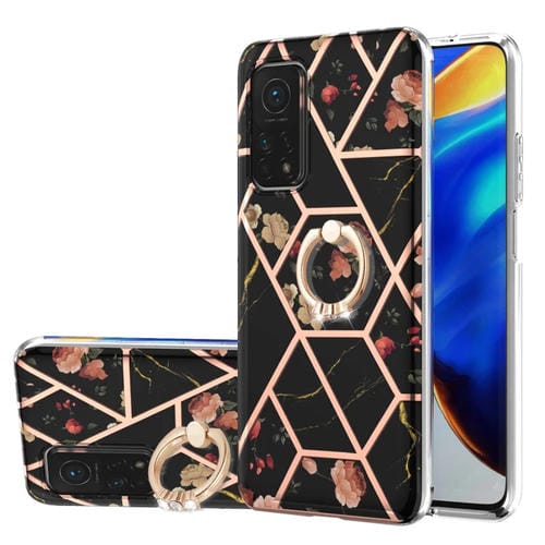 Para Xiaomi MI 10T / MI 10T PRO PLICACIÓN DE MARLE Patrón de flores de mármol TPU Funda a prueba de golpes con soporte de anillo de diamantes de imitación (flor negra)