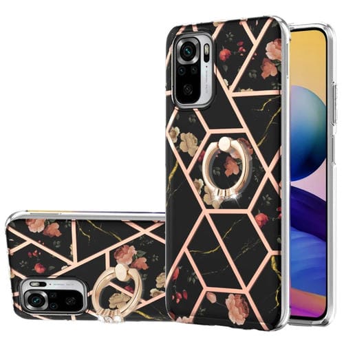 Para Xiaomi Redmi Note 10 electrochaplating empalme patrón de flores de mármol TPU Funda a prueba de golpes con soporte de anillo de diamantes de imitación (flor negra)