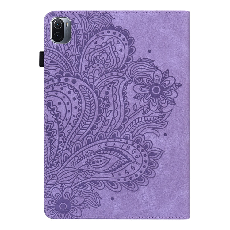 Para Xiaomi Pad 5 Pro / Pad 5 Papacock patrón en relieve TPU + PU Funda de cuero horizontal de la PU con soporte y ranuras para tarjetas y Función de desvanecimiento / desvanecimiento (púrpura)