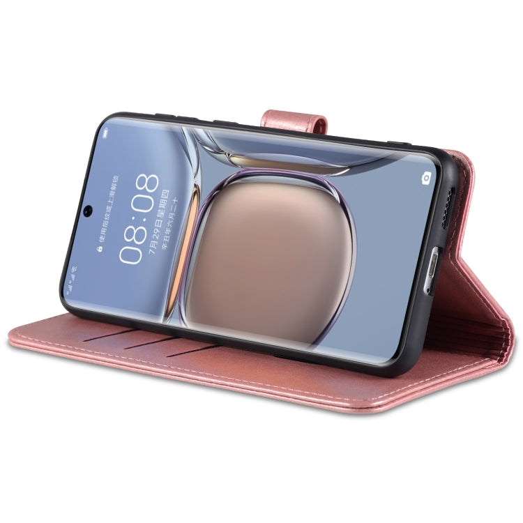 Para Huawei P50 AZNS Siente la piel con textura de pantorrilla Funda de cuero con tirón horizontal con ranuras y soporte para tarjetas y billetera (oro rosa)