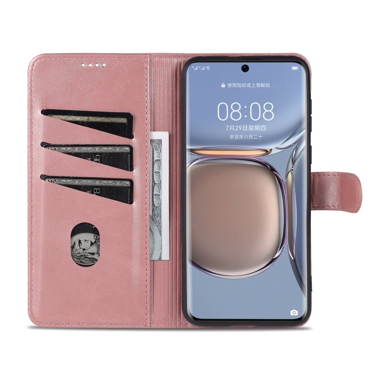 Para Huawei P50 AZNS Siente la piel con textura de pantorrilla Funda de cuero con tirón horizontal con ranuras y soporte para tarjetas y billetera (oro rosa)