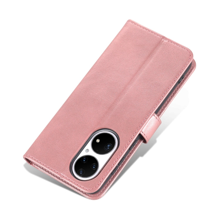 Para Huawei P50 AZNS Siente la piel con textura de pantorrilla Funda de cuero con tirón horizontal con ranuras y soporte para tarjetas y billetera (oro rosa)